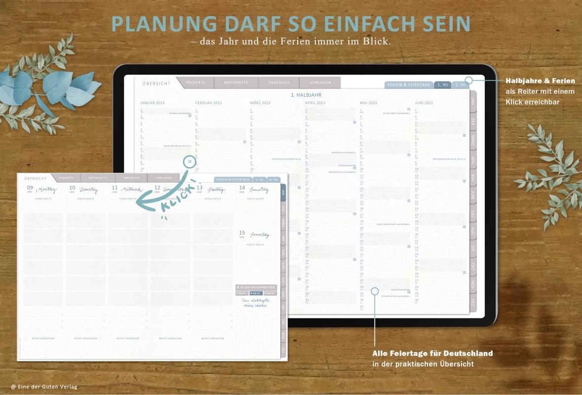 Halbjahre in der Übersicht mit Verlinkung zu den Kalenderwochen, Jahresübersicht für Kalenderjahr 2023, Terminkalender zum Download